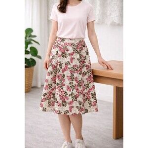 Christopher & Banks Skirt Womens 4 Linen Ivory Pink Green Leafy Office Casual